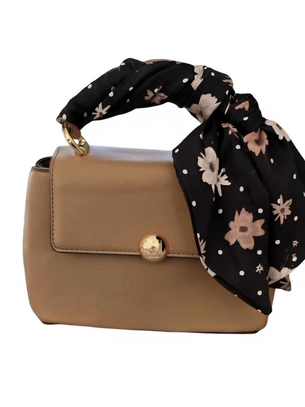 ANNE KLEIN Mini Satchel Handbag Tan Faux Leather Gold Tone Hardware Floral Scarf